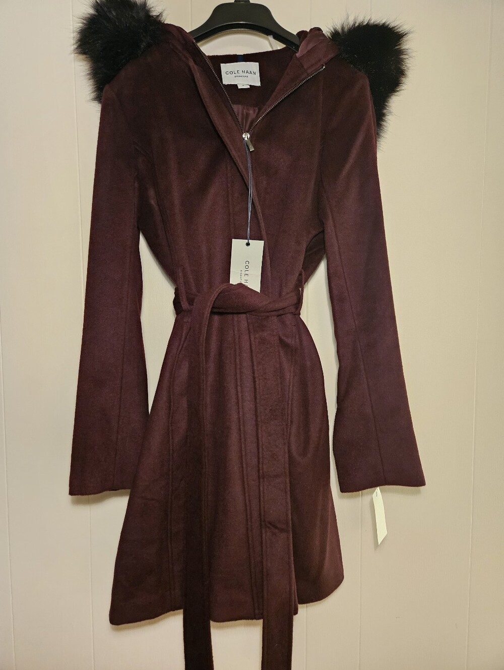 Cole Haan Burgundy Hooded Belted Long Sleeve Wool Dress Coat